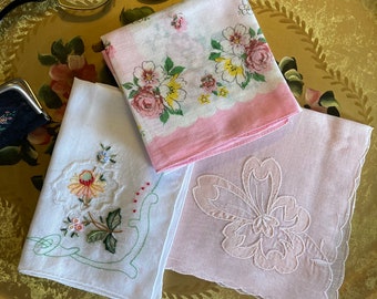 Handkerchiefs Set of 3 Pink Peach Yellow Green Roses Printed Floral Applique Floral Embroidered Cotton Hankies Hanky 1950s 1960s