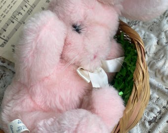Vintage Pink Stuffed Bunny Eden Toys NOS & Easter Basket 1960s Baby Gift
