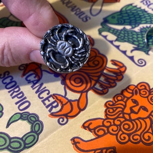 Ring Cancer Zodiac Ring Crab Ring Adjustable Steel Sheffield England 1970s June July Dead Stock
