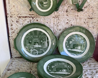 Vintage Americana Colonial Homestead by Royal Dinner Plates Cup & Saucers Cake Plate Green Transferware America250 Semiquincentennial