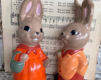 Vintage Handpainted Bunnies Mr. & Mrs. Rabbit Pair of Bunnies Greenware Orange Dress Orange Jacket