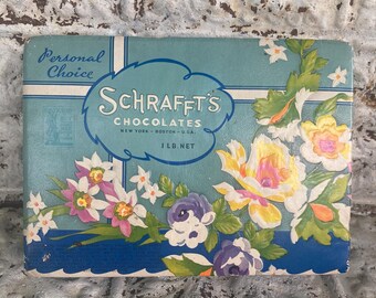 Vintage Candy Box Schrafft’s Chocolates Personal Choice War Bonds Ad Roses Narcissus Peonies