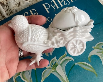 Vintage White China Chick & Cart with Egg Easter Decor Springtime Trinket Box