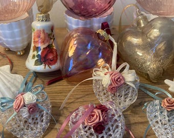 Vintage Christmas Ornaments Spun Glass Hearts Victoriana Mauve Aqua Cream Ribbon Roses Choice