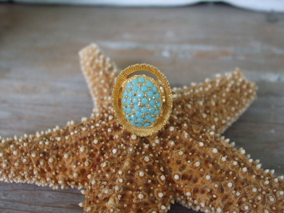 Gold Ring Turquoise Cocktail Ring Adjustable 1970… - image 2
