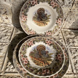Może przedstawiać: Dwa białe ceramiczne talerze z ilustracją indyka pośrodku. Talerze zdobione są kwiatowym obramowaniem z różowych kwiatów i zielonych liści. Talerze są ułożone jeden na drugim.