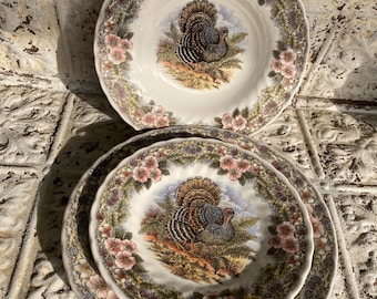 Può includere: Due piatti in ceramica bianca con un'illustrazione di tacchino al centro. I piatti sono decorati con un bordo floreale di fiori rosa e foglie verdi. I piatti sono impilati.