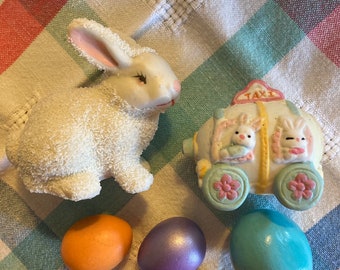 Easter Lot Vintage Snow Bunny Greenware Eggs Hand Made Easter Decor 6 Pieces Bunny Taxi Light Blue Yellow Orange Purple Spring Decorations