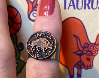 Ring Taurus Zodiac Ring Bull Ring April May Adjustable Steel Pewter Sheffield England 1970s Dead Stock
