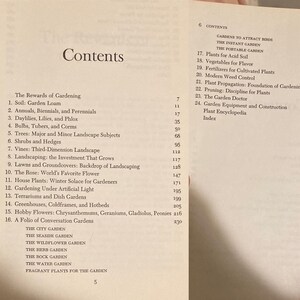 May include: A book titled "Contents" with a table of contents listing different types of gardens and gardening topics. The book is open to pages 5 and 6.