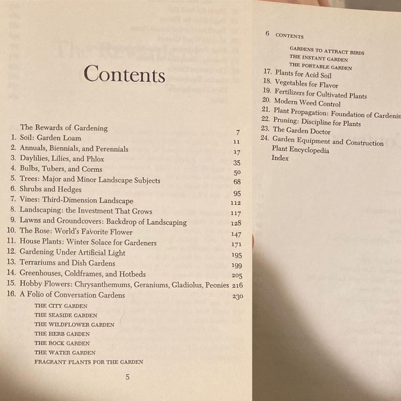 May include: A book titled "Contents" with a table of contents listing different types of gardens and gardening topics. The book is open to pages 5 and 6.