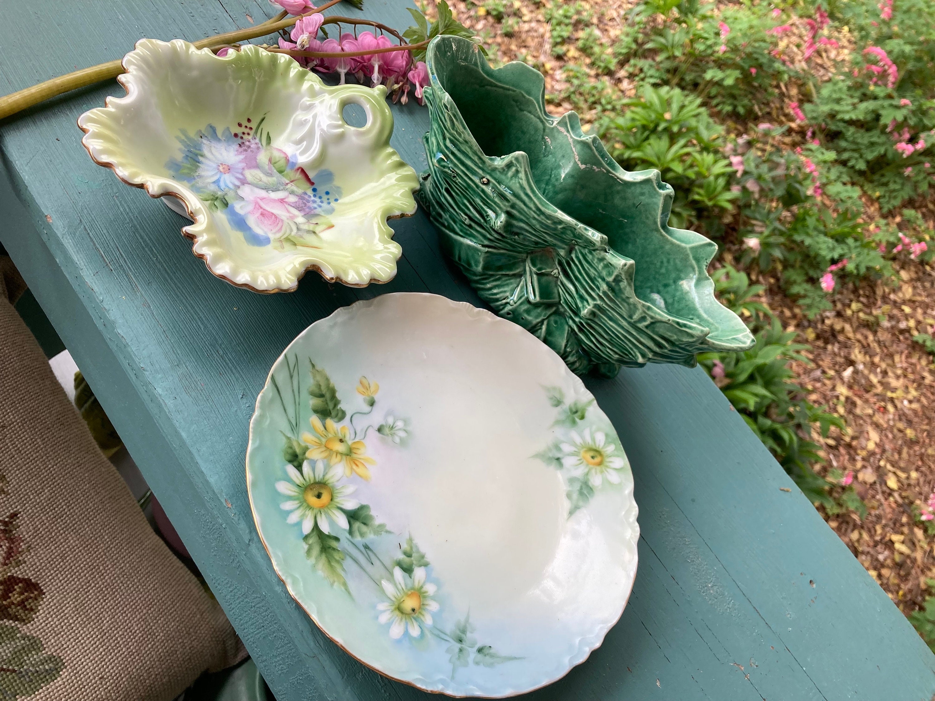 Lefton China Hand Painted Vintage Leaf Dish Green Trinket Tray