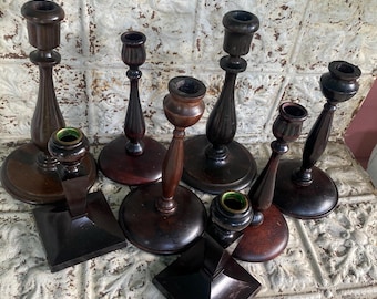 Vintage Turned Wood Candlestick Holders Set of 8, 4 Pairs Total
