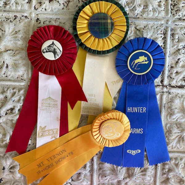 Vintage Horse Show Ribbons #46 Set of 4 Equestrian Awards 1960s - 1990s US & Canada Plaid Green Yellow Gold Red White Blue NS Provincial Exp