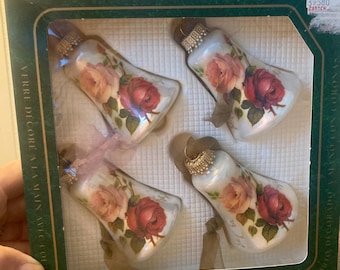 Vintage Christmas Ornaments Bells Hand Decorated Victoriana Roses Blown Glass Organdy Ribbon Set of 4 or Individual