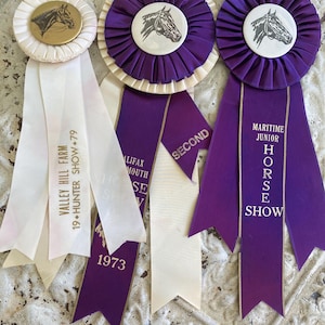 Vintage Horse Show Ribbons #2 Set of 3 Equestrian Awards 1960s - 1990s US & Canada Purple White Maritime Valley Hill Farms Horse Show