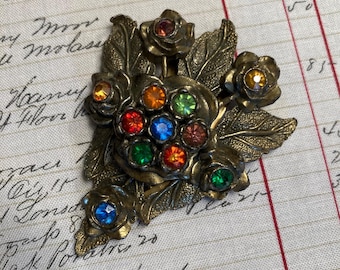 Vintage Dress Clip Little Nemo 1930s Antique Gold Multi Color Rhinestone Floral Dress Clip 2.5” x 2”