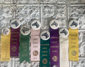 Vintage Horse Show Ribbons 1970s Pink Purple Green Cream Yellow Colchester Windsor Spring Annapolis Choice
