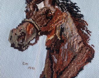 Vintage Horse Head Counted Cross Stitch Brown Face White Diamond on Forehead Light Blue Aida Cloth Handmade 11” x 10.5”