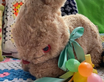 Vintage Easter Bunny Happy Easter Present Beige Light Brown Plush Fur Red PomPom Nose Aqua Ribbon Bow Large Soft 1980s