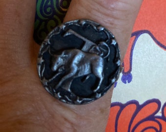 Ring Taurus Zodiac Ring Bull Ring April May Adjustable Steel Pewter Sheffield England 1970s Dead Stock