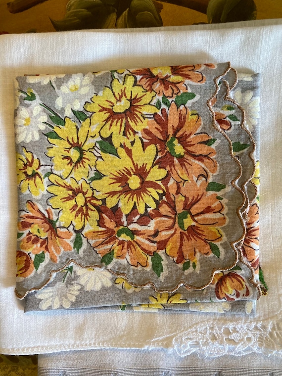 Handkerchiefs Set of 3 Gray Peach Rust Yellow Oli… - image 2