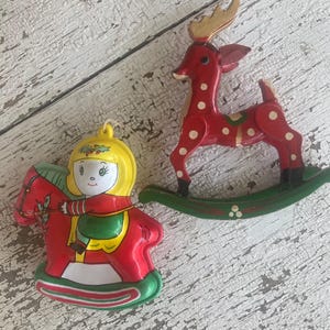 Vintage Christmas Ornaments Rocking Horse Rocking Deer Plastic Blowmold Wood Tree Decorations Stocking Stuffers Package Tie Ons