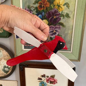 Vintage Bird Carvings Whirligigs Hand Made Hand Painted Red Cardinal Blue Blue Jay Spinning Wings Garden Ornament Yard Art Sunroom Decor
