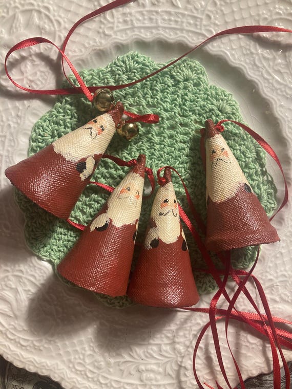 Vintage Christmas Jewelry Santas Canvas Cone Shaped Handmade Hand Painted 1990s Necklace Moon Earrings Brooch Pencil Santa Earrings Necklace