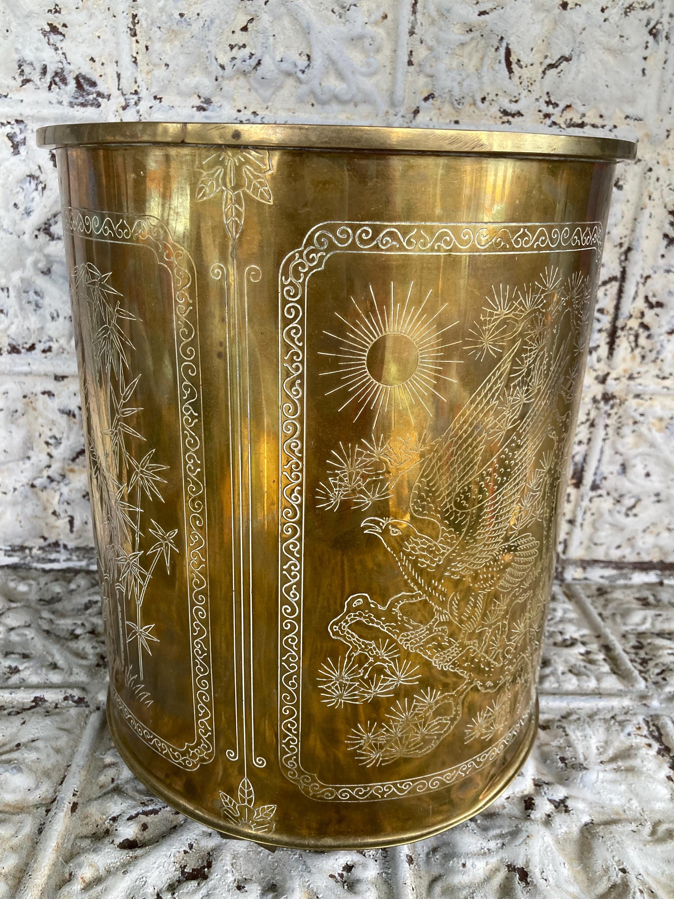 Vintage Brass Waste Paper Can Chinoisserie Engraved Cranes