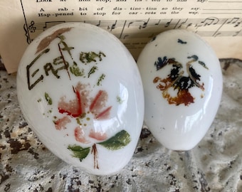 Antique Handblown Eggs White Glass Happy Easter Hand Painted Victorian Easter Decor Mouthblown Set of 2