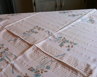 Tablecloth Aqua Gold Roses Bows Vintage Tablecloth