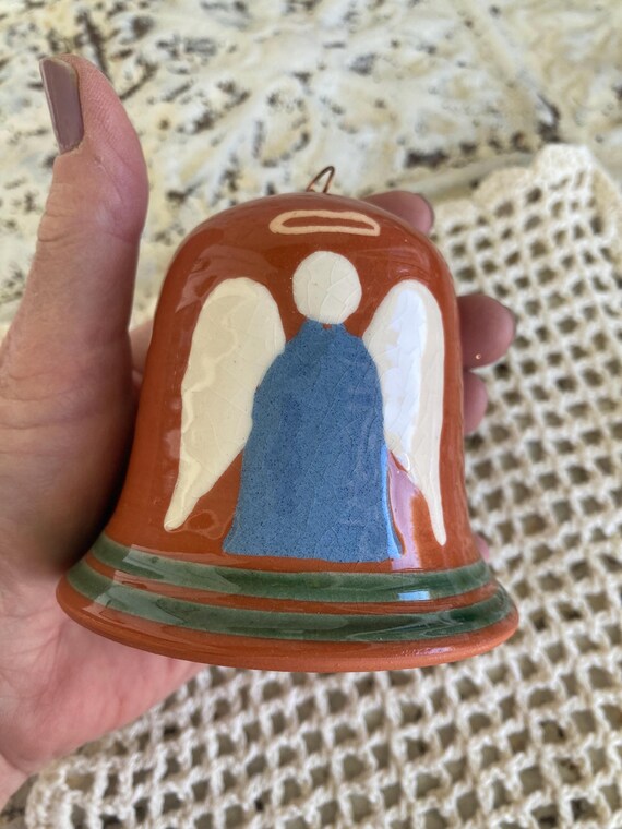 Handthrown Terracotta Angel Bell, Blue White Christmas 1997