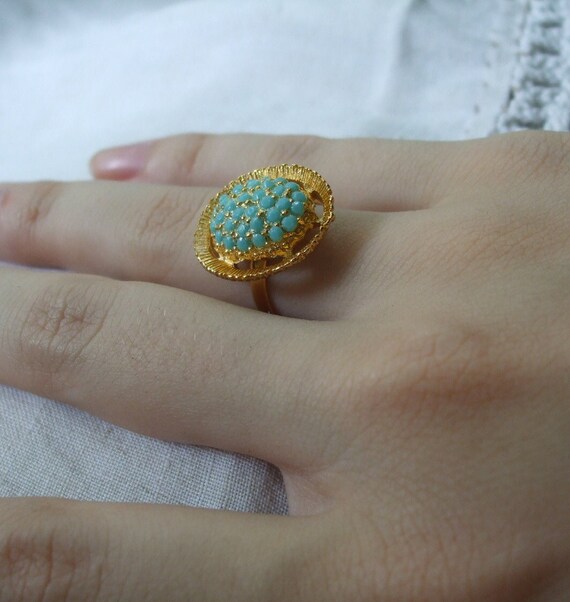 Gold Ring Turquoise Cocktail Ring Adjustable 1970… - image 5