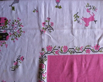 Vintage Tablecloth Pink Gray Moss Green Black Cross Stitch 66 x 50 Vintage Kitchen Tablecloth Rectangle 1950s