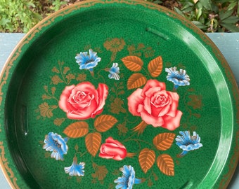 Tray Vintage Metal Tray Green Floral Pink Roses Blue Petunias Copper Gold Leaves Gold Trim MTM Made in England