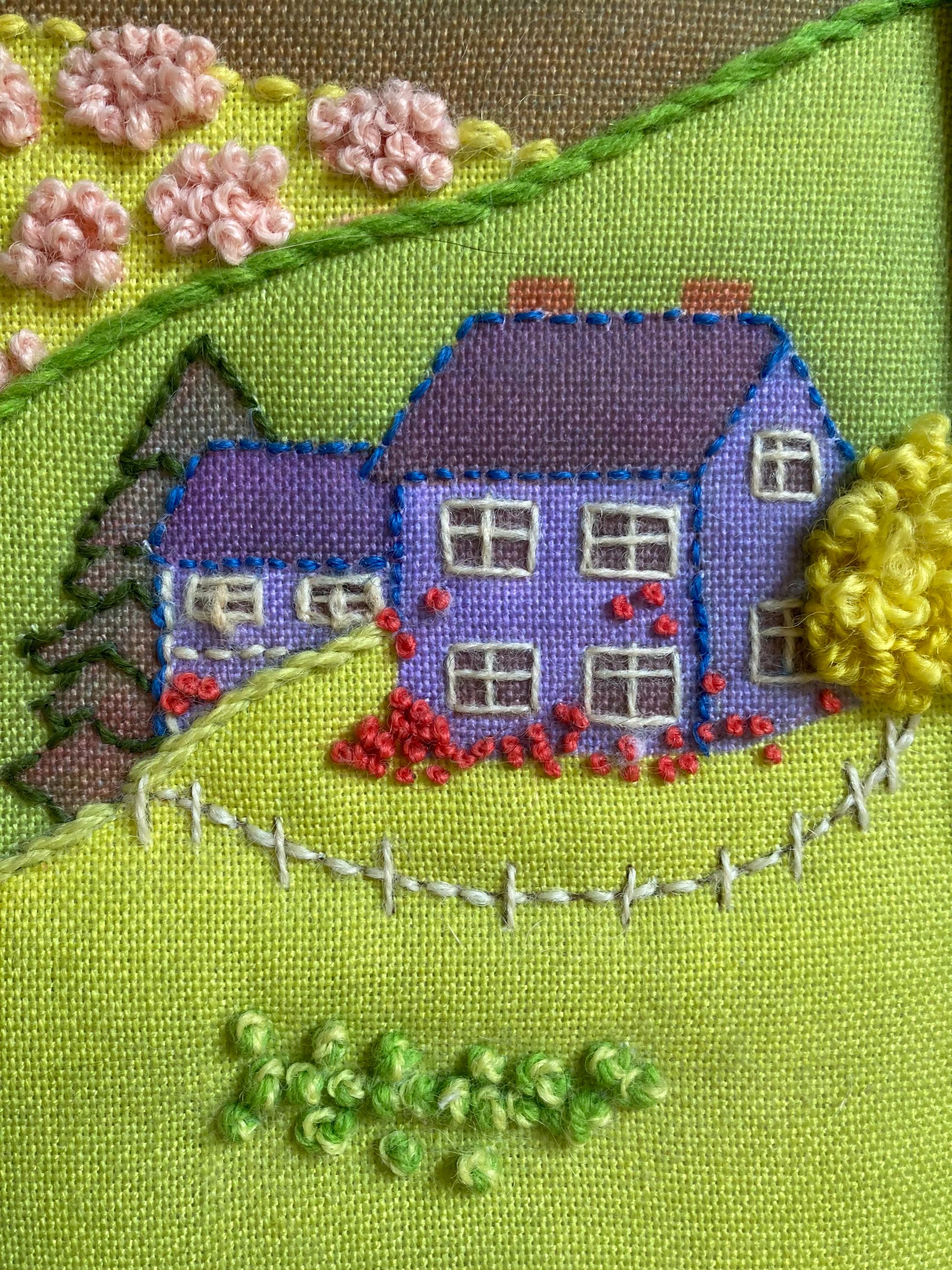 Broderie Crewel Ancienne Encadrée 'Le Dos Du Chat' Sunset Designs - Format ~17x21 Pouces - Occasion