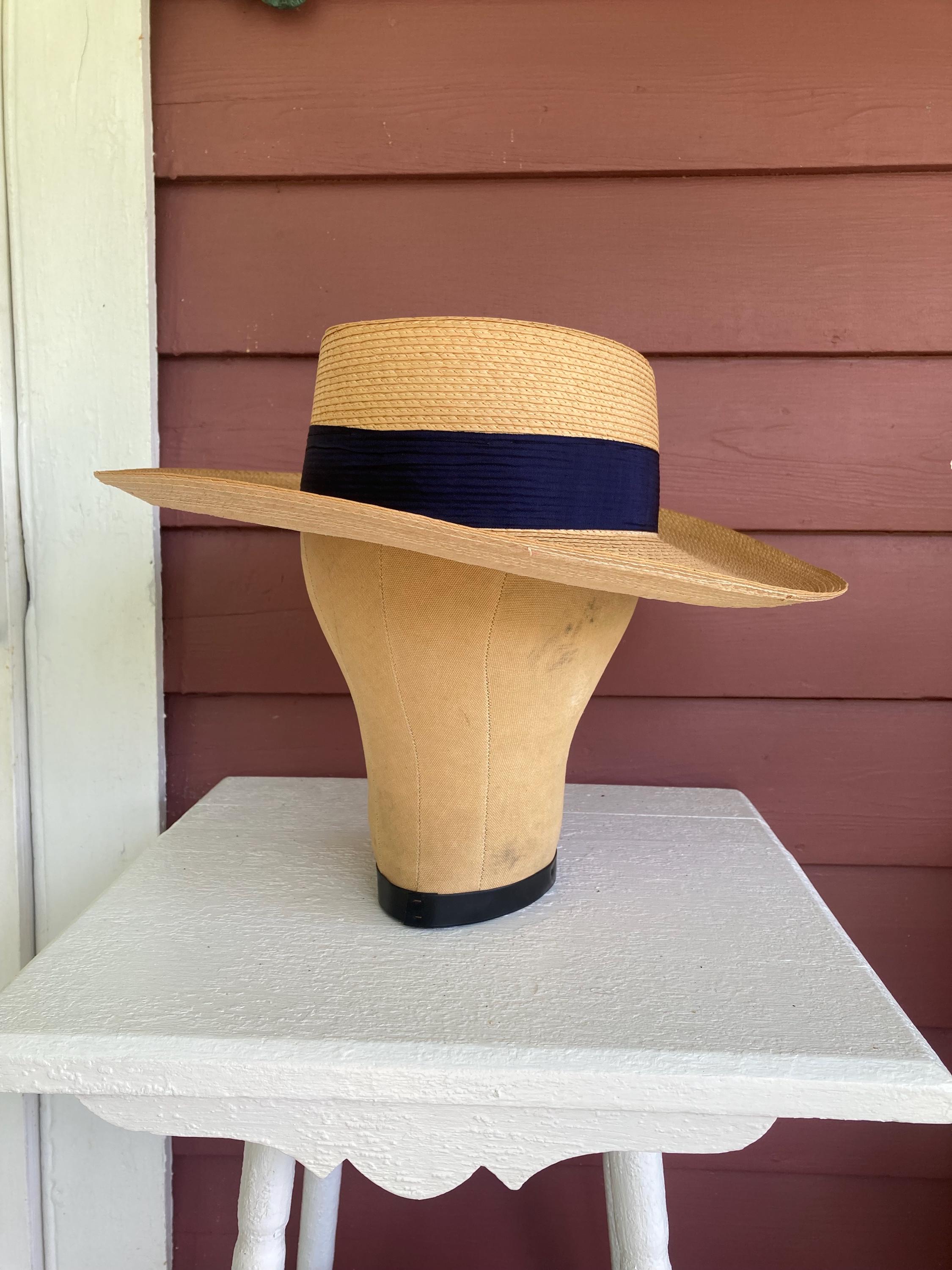 Vintage 1950s Navy Woven Straw Hat, netting, velvet ribbon Vintage Straw Hat With Navy Ribbon - Etsy main image 2