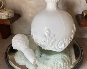 Milk Glass Antique Barber's Bottle Milkglass Decanter White Hand Painted Mold Blown Bay Witch Hazel Tonic Eau de Toilette Bathroom Decor