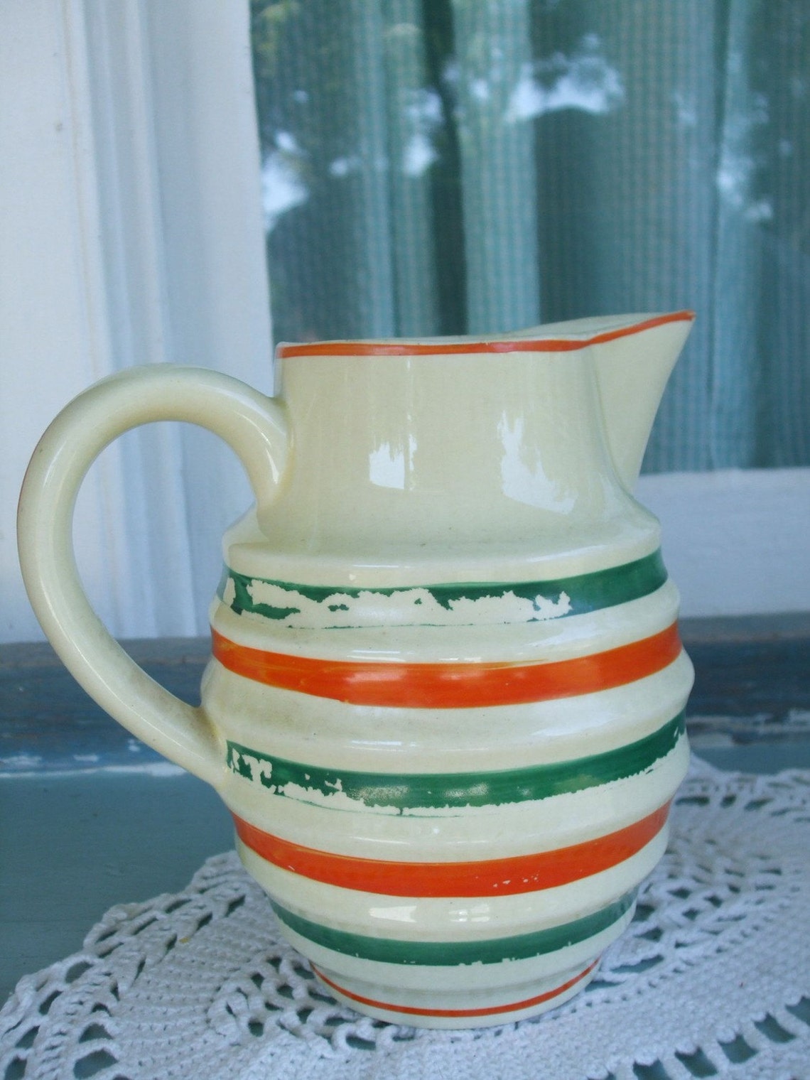 Pitcher Jug Vintage Stoneware Milk Jug Cream Green and Orange Etsy
