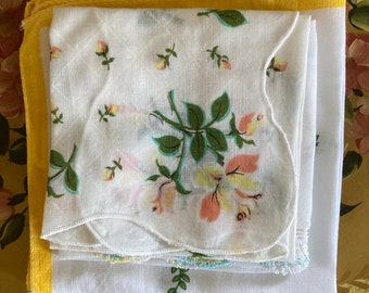 Hankies Set of Three Aqua Pink Yellow Olive Printed Crocheted Scalloped Edge Floral Handkerchiefs White on White 1950s 1960s