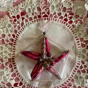 Antique Christmas Ornament Star Blown Glass Beads Dark Pink Silver Clear Mercury Glass Beads Tree Decoration Package Topper 100+ Years Old
