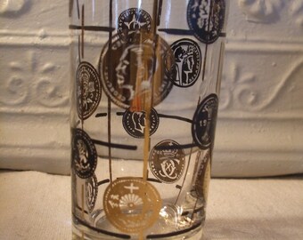 Glassware Mid Century High Ball Set of Four Gold and Black Coins Barware New Years Fathers Day