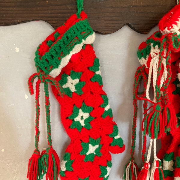 Christmas Stocking Vintage Granny Square Red Green White Boot with Cuff Bow Tie and Tassel