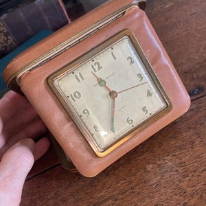 Vintage Travel Alarm Clock Wind-up Phinney - Walker Clock Case Second Hand Brown Leatherette Metal Case Working Works