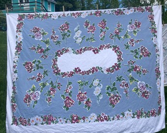 Tablecloth Vintage Floral Daisies RosesBlue Gray Dk. Magenta Yellow Green Brilliant Colors Large 72” x 60” Vintage Tablecloth Sturdy Heavy