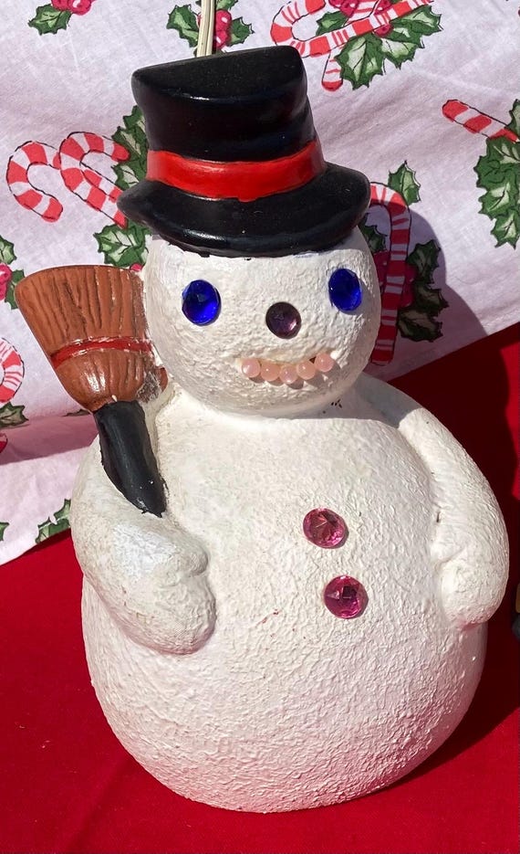 Vintage Christmas Snowmen Greenware Snowman Lamp With Cord Broom