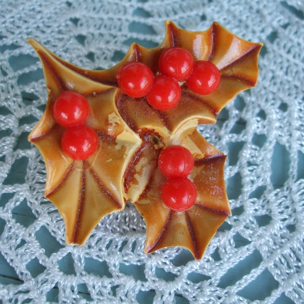 Earrings Brooch Set Holly Berries Vintage Mustard Red SALE