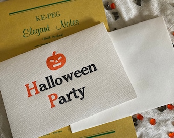 Halloween Invitations Set of 2 Letter Press Halloween Party Jack o Lantern Witch 1960s Black Orange