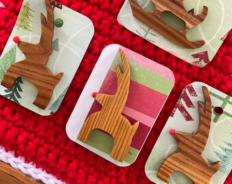 Brooch Reindeer Rudolph Deer Sleigh Wood Christmas Pin Handmade Vintage